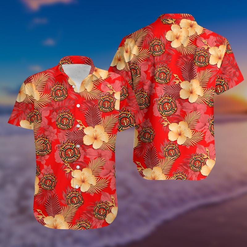 Felacia [Hawaii Shirt] Amazing Firefighter Red Hibiscus Hawaiian Aloha Shirts-ZX1116